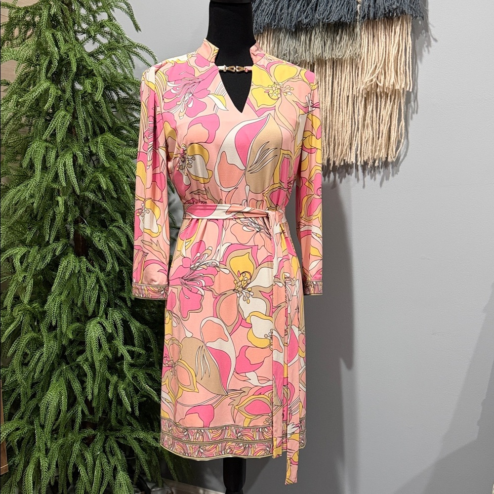 Tahari Arthur S. Levine Floral Sheath Dress Pink Yellow Size 4 Belted Retro Mod - Picture 2 of 8